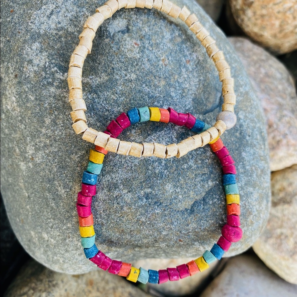 2 Boho Beaded Friendship Bracelets Stretchy Hand Dyed Beads
